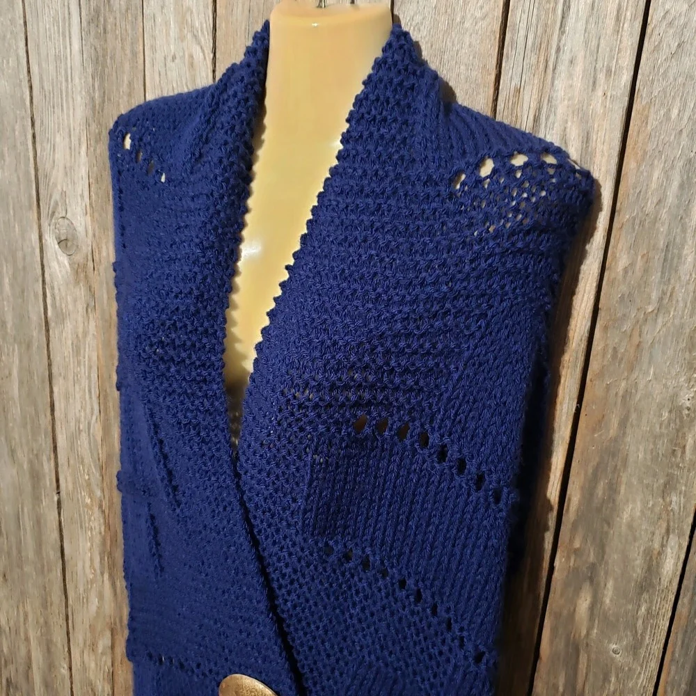 NEW Navy Blue Hand Knitted Shawl Wrap Scarf Eyelet Boho Coastal Glam Artsy Indie